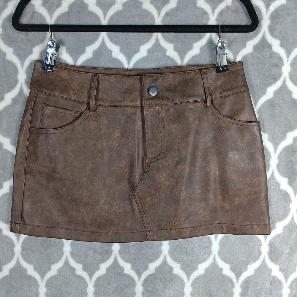 Edikted Mini Skirt Women Size M Brown Faux Leather Western Festival Y2K Clubwear - Picture 7 of 8